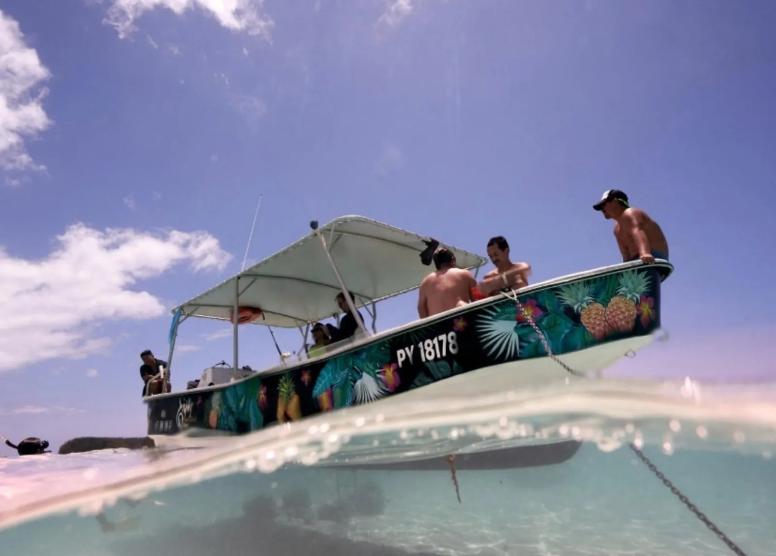 Guests on the pineapple-painted tour boat seen from water level