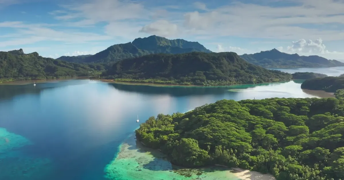 Aerial view of a green bay, a white beach and the turquoise lagoon inside the barrier reef
