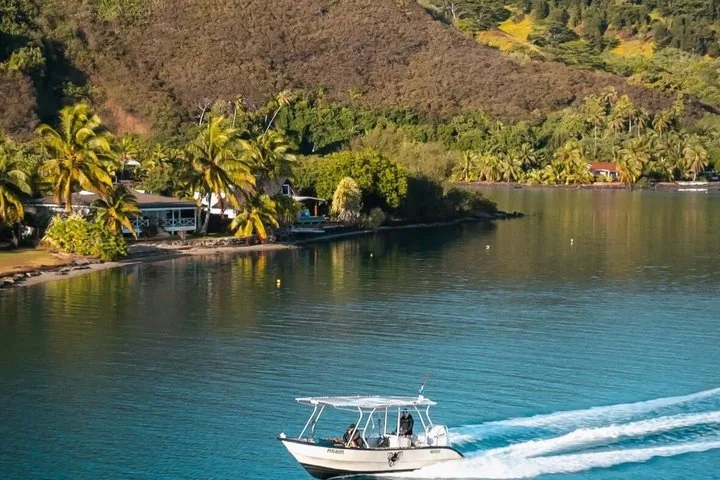 Aimeho whale boat crossing a green bay lined with palms and bungalows